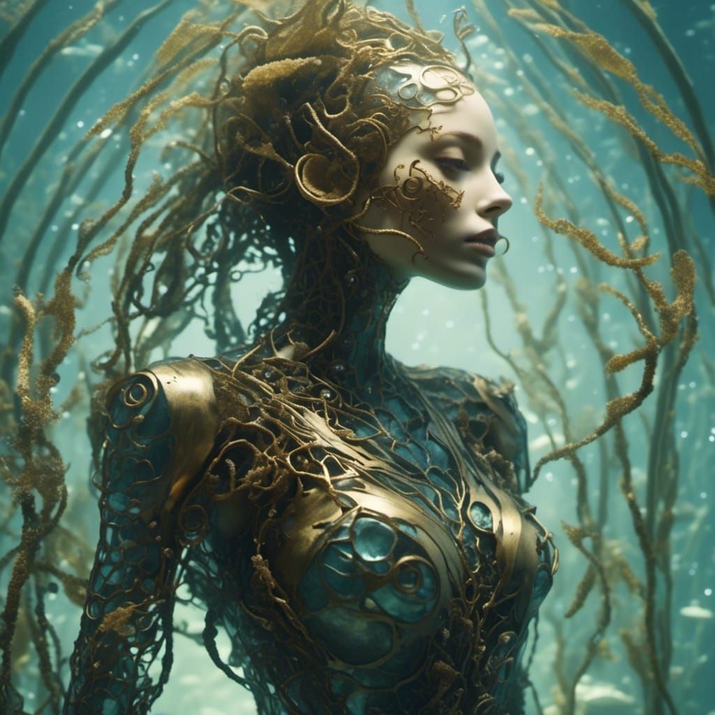 Biomechanical Brass and Kelp Woman with Reflections