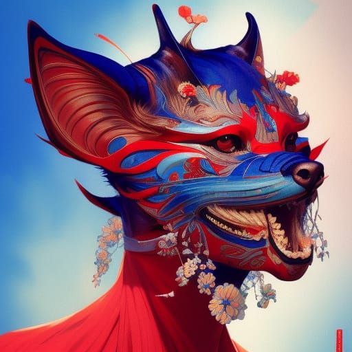 Fox Masked Woman in Kimono: Art Nouveau Portrait