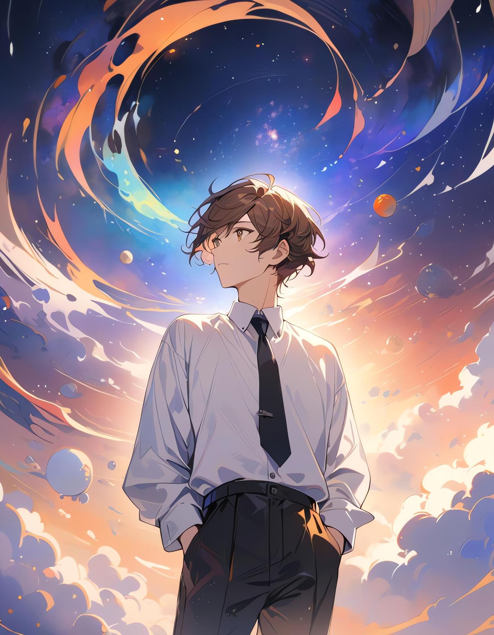 Young Man Floating in Space: Watercolor Painting