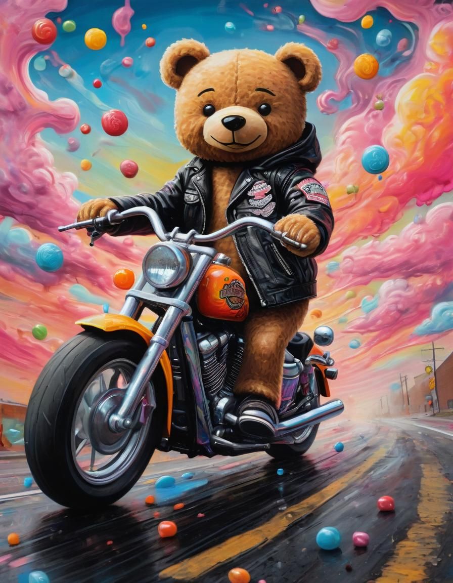 Teddy Bear Biker on Candy Motorcycle, Graffiti Art