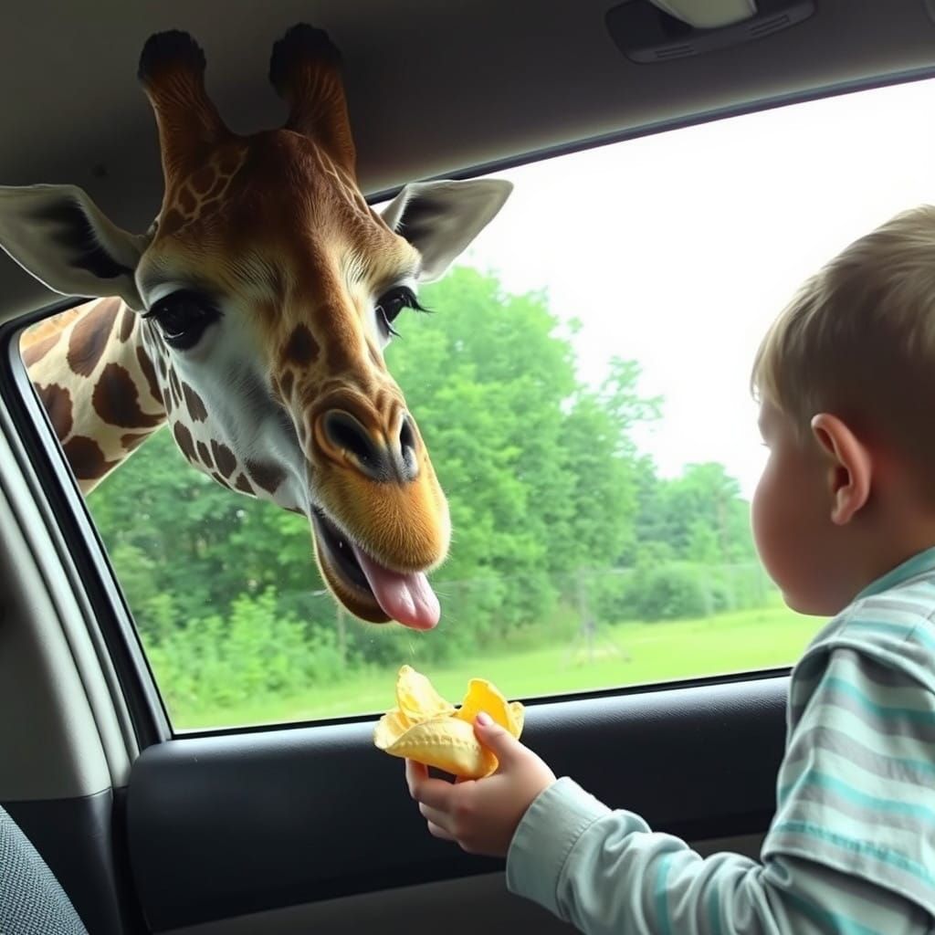Giraffe Snatches Potato Chips from Afraid Child in Car