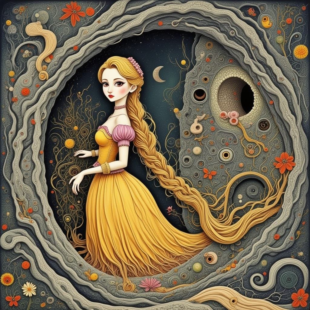 Rapunzel in Tower, Arthur Rackham Style