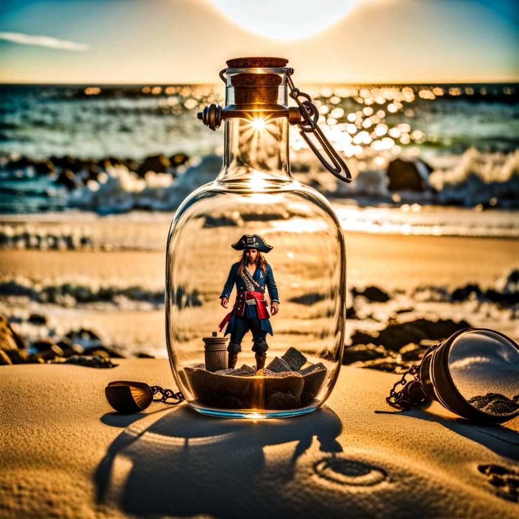 Pirate Trapped in Bottle on Shore: HDR Photography