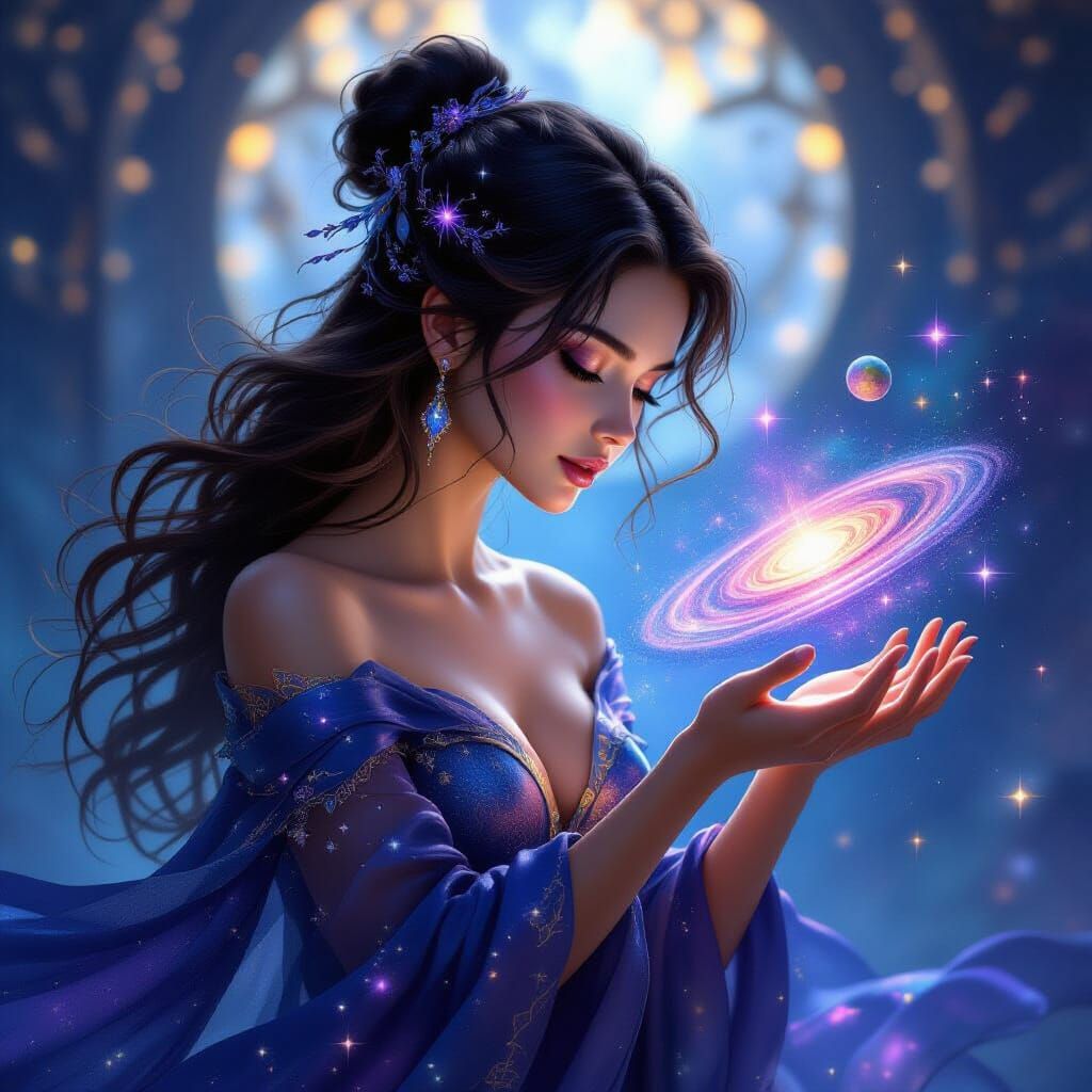 Cosmic Sorceress Manipulating Galaxy in Fantasy Art Style