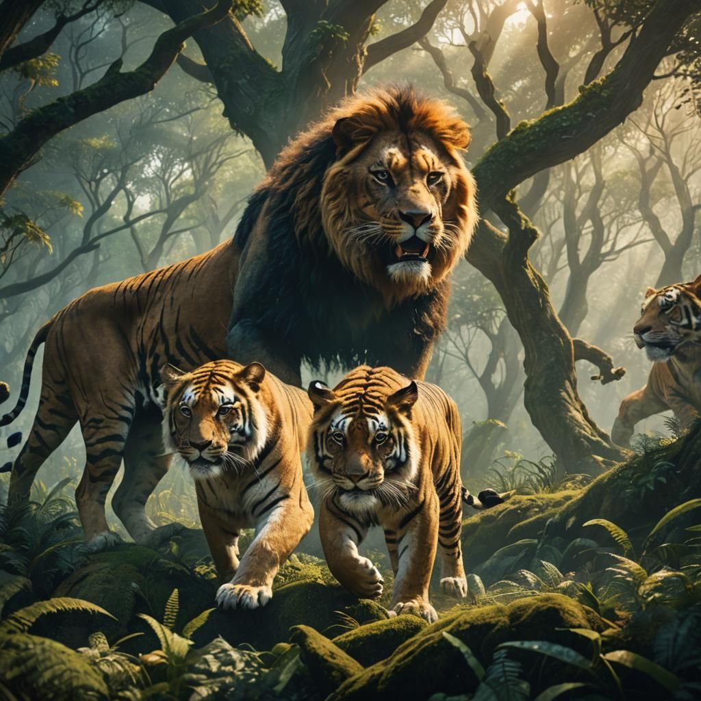 Lion and Tiger Clash in Misty Forest: Matte Painting
