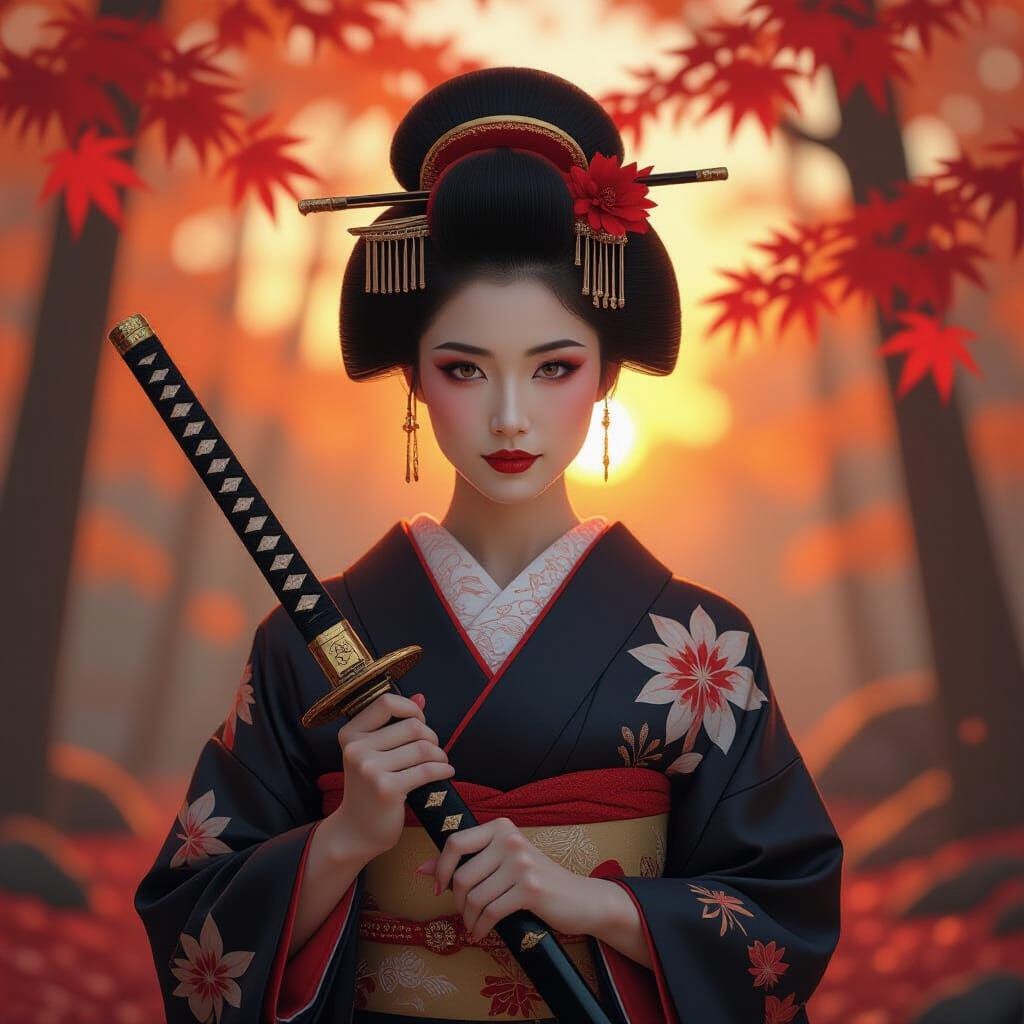 Geisha With Katana in Autumn Forest at Sunset