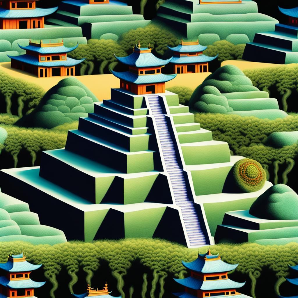 Psychedelic Mayan Architecture in Fractal Landscape