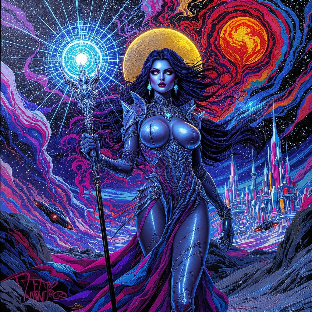 Gothic Enchantress Overlooking Futuristic Neon City