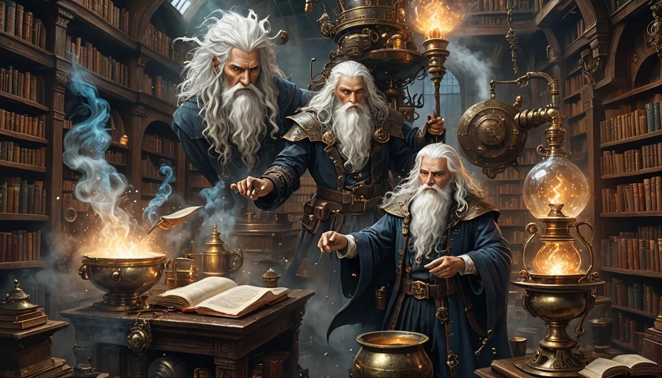 Wizard's Steampunk Library with Clockwork Dragon