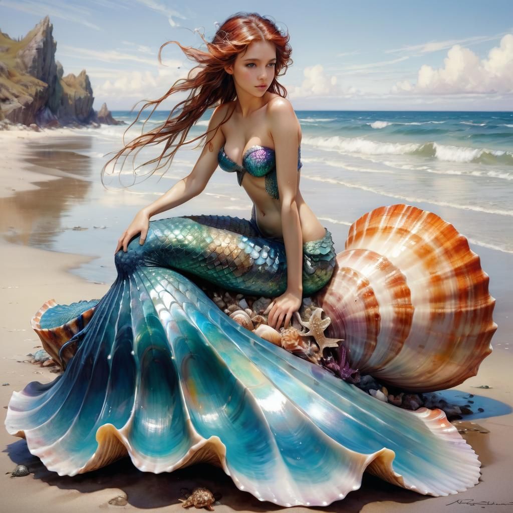 Mermaid in Seashell: Arthur Rackham Style