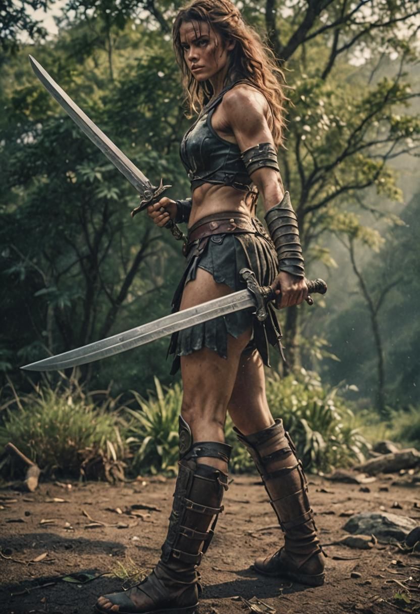 Muscular Warrior Woman with Swords: Heroic Fantasy Film Stil...