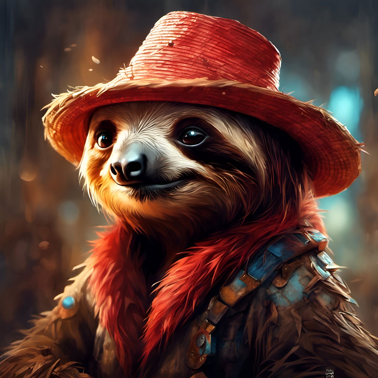 Chibi Sloth Portrait with Straw Hat, Digital Art