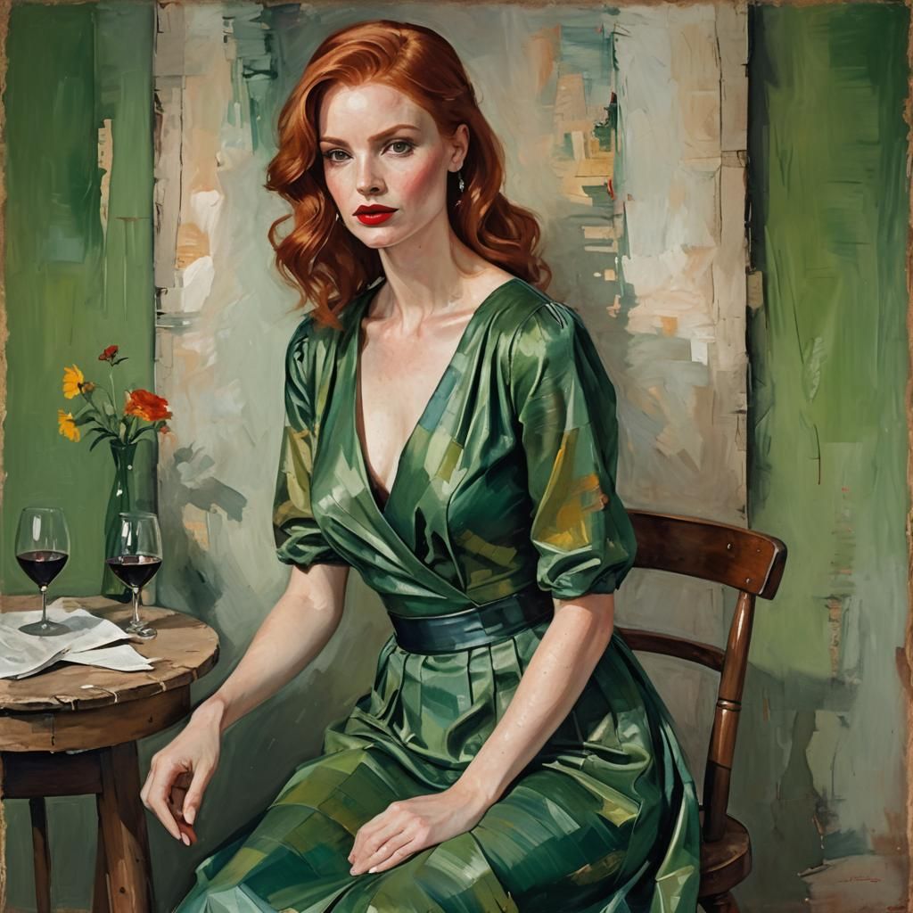Beautiful Redhead in Green Dress: Fantasy Art