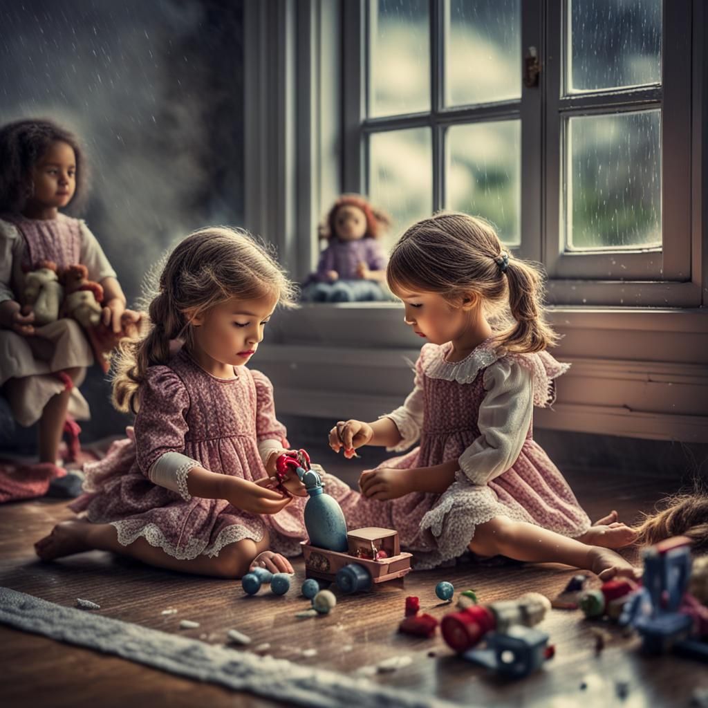 Girls Playing Dolls on a Rainy Day
