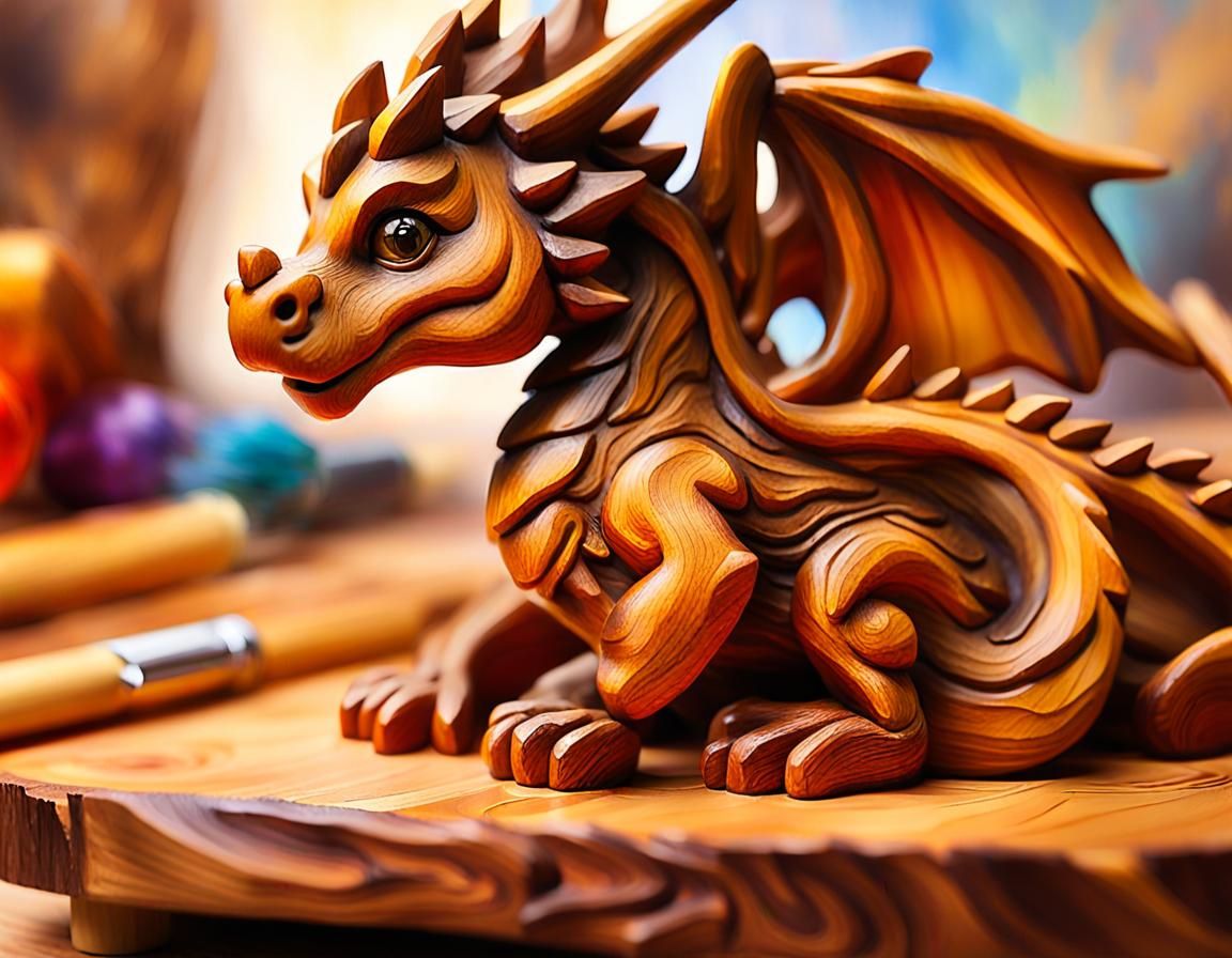 Baby Dragon Wood Sculpture in Impressionist Style