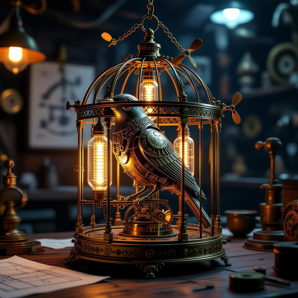 Steampunk Mechanical Songbird in Brass Gear Cage