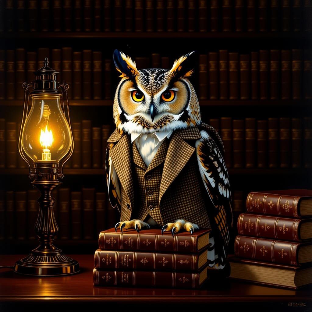 Wise Owl in Vintage Suit in Old Library
