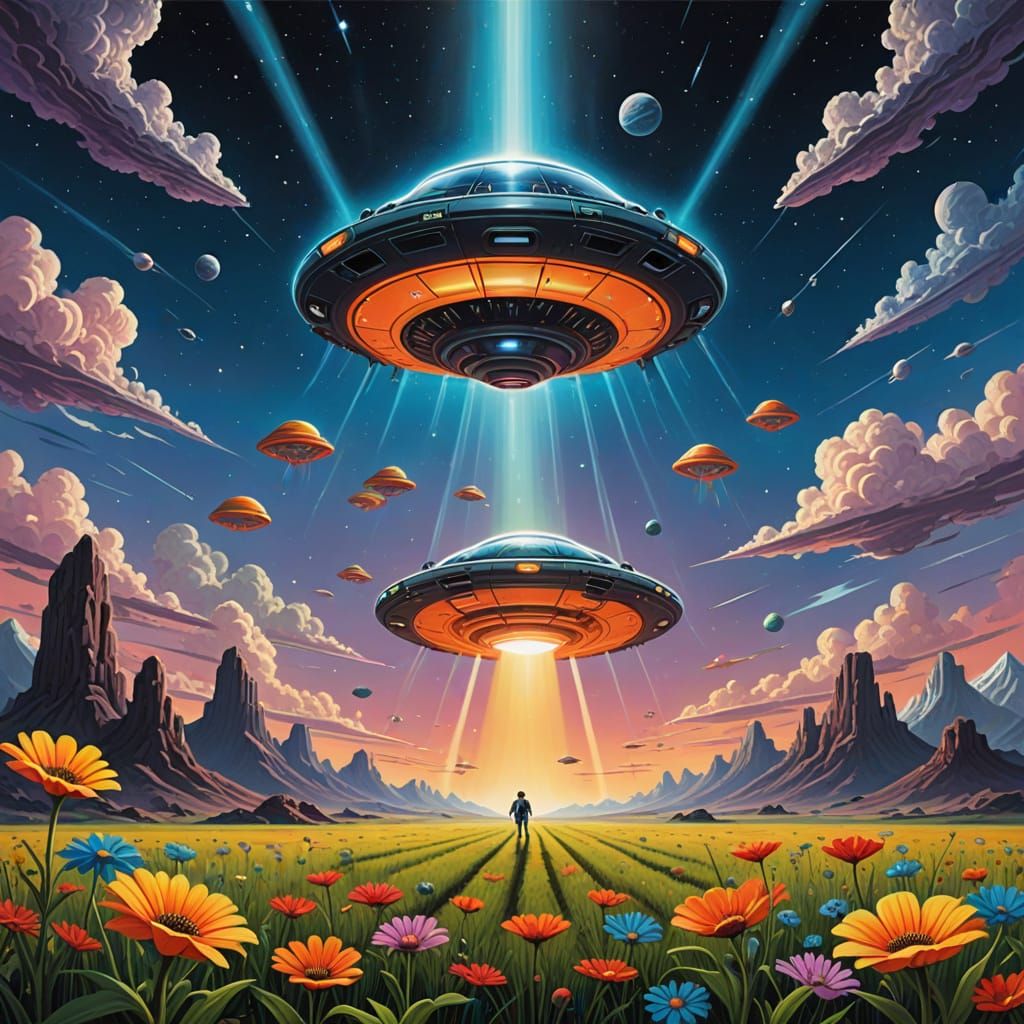 Whimsical UFO in Bright Sky with Blooming Flower