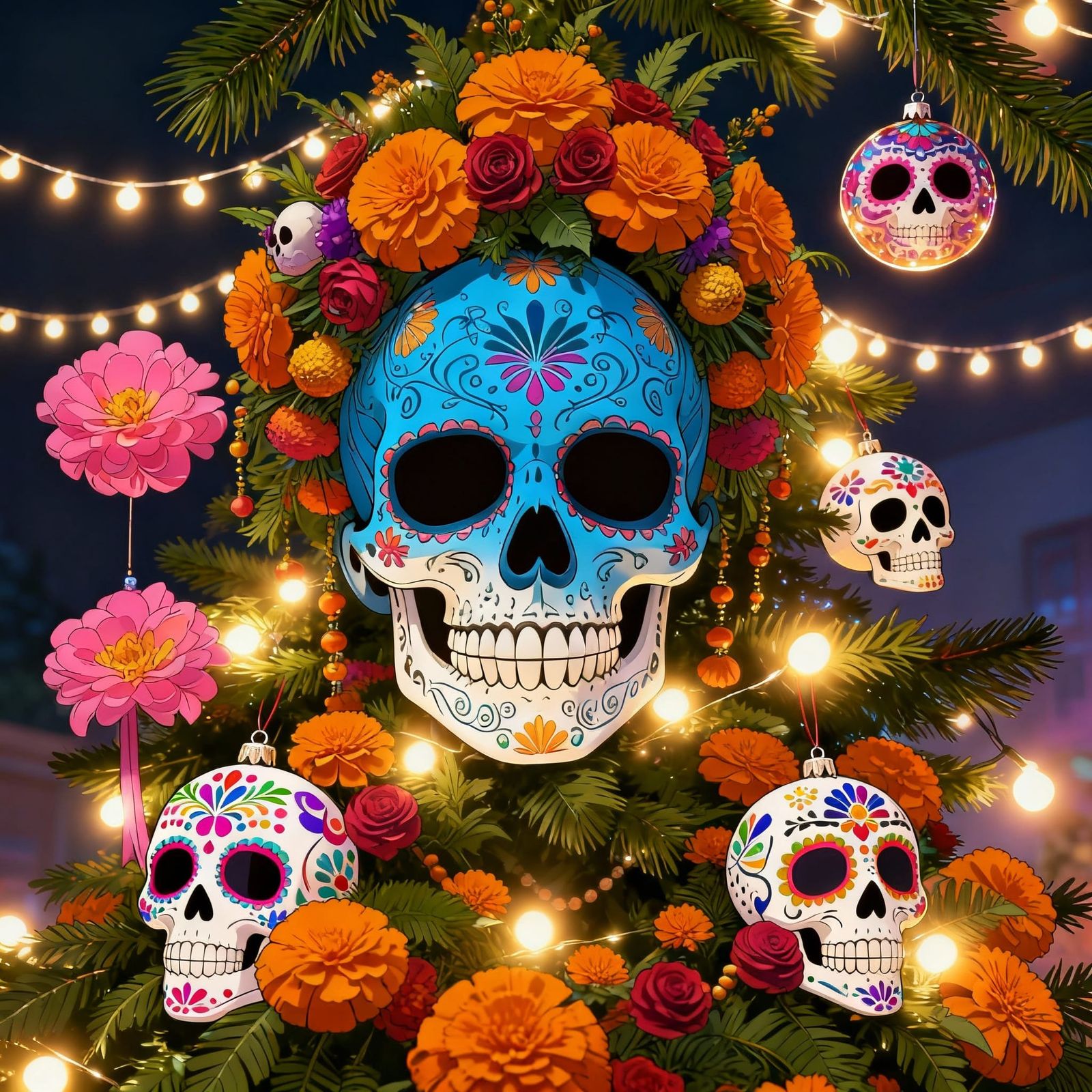 Day of the Dead Christmas Tree in Anime Style