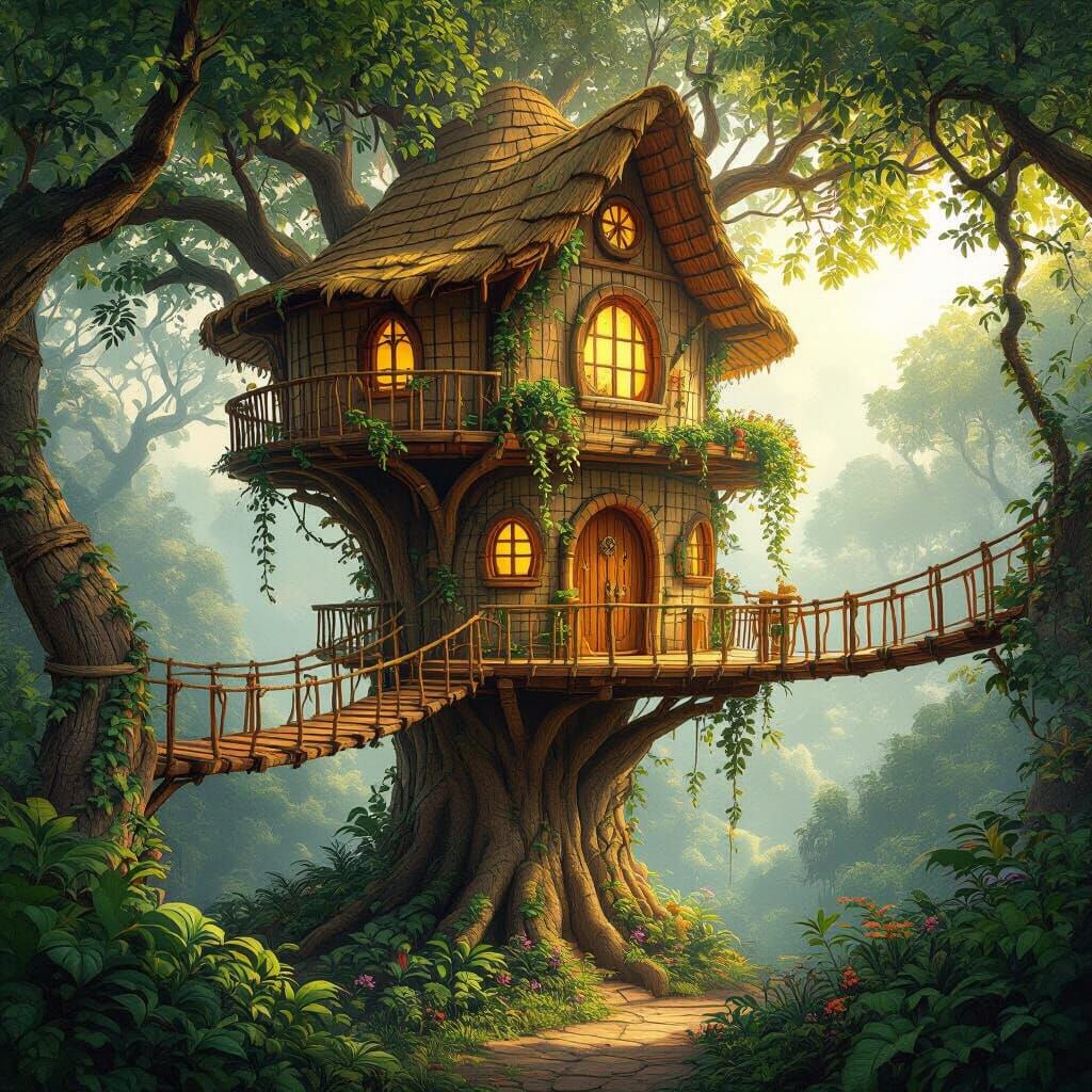Ethereal Treehouse in Lush Fantasy Jungle