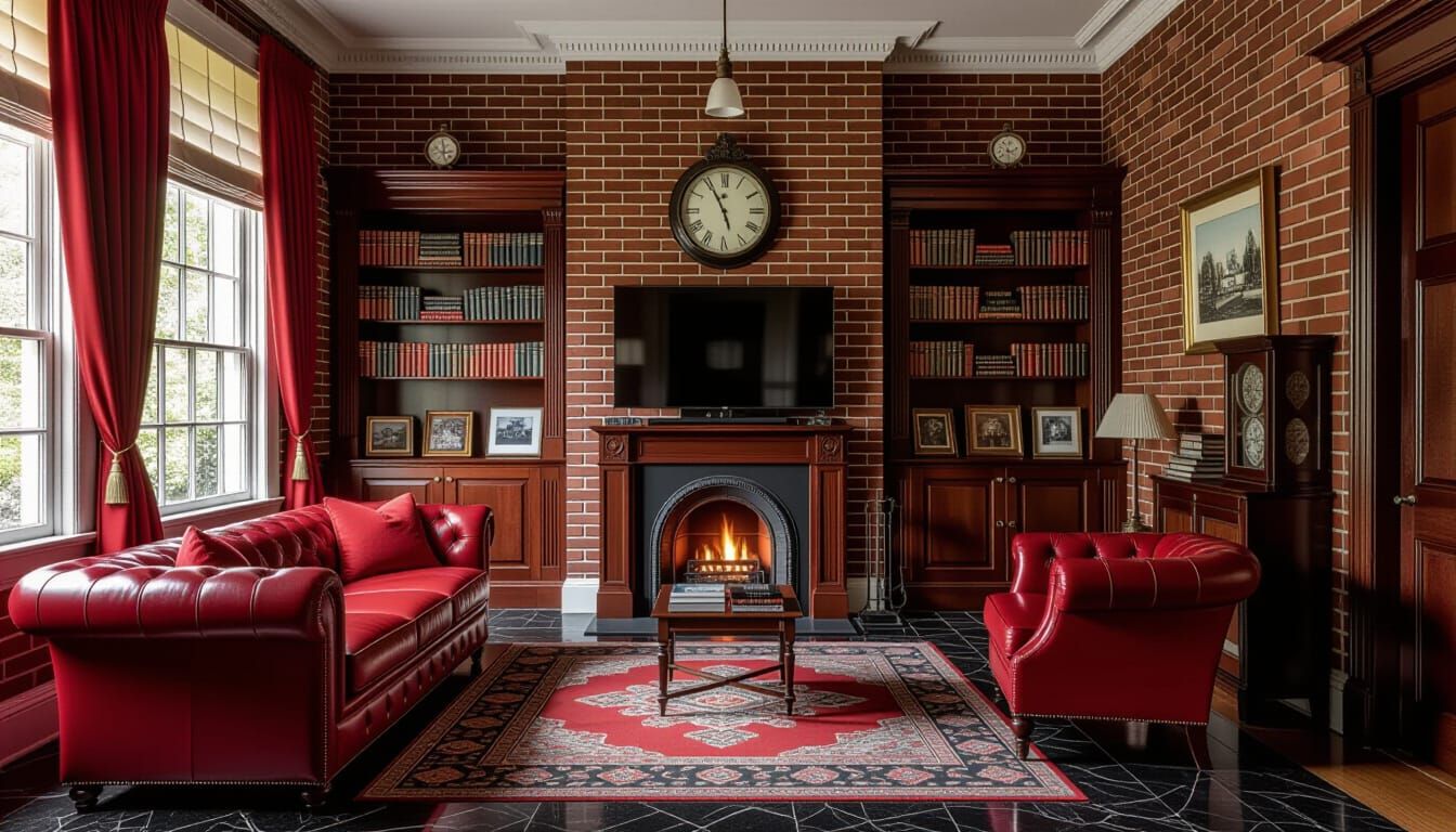 Victorian Living Room with Leather Sofa and Fireplace