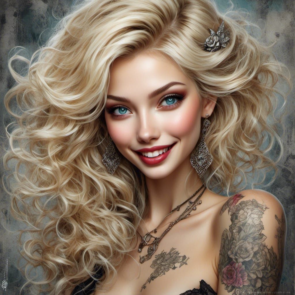 Smiling Blonde Woman in Pin-Up Grunge Style