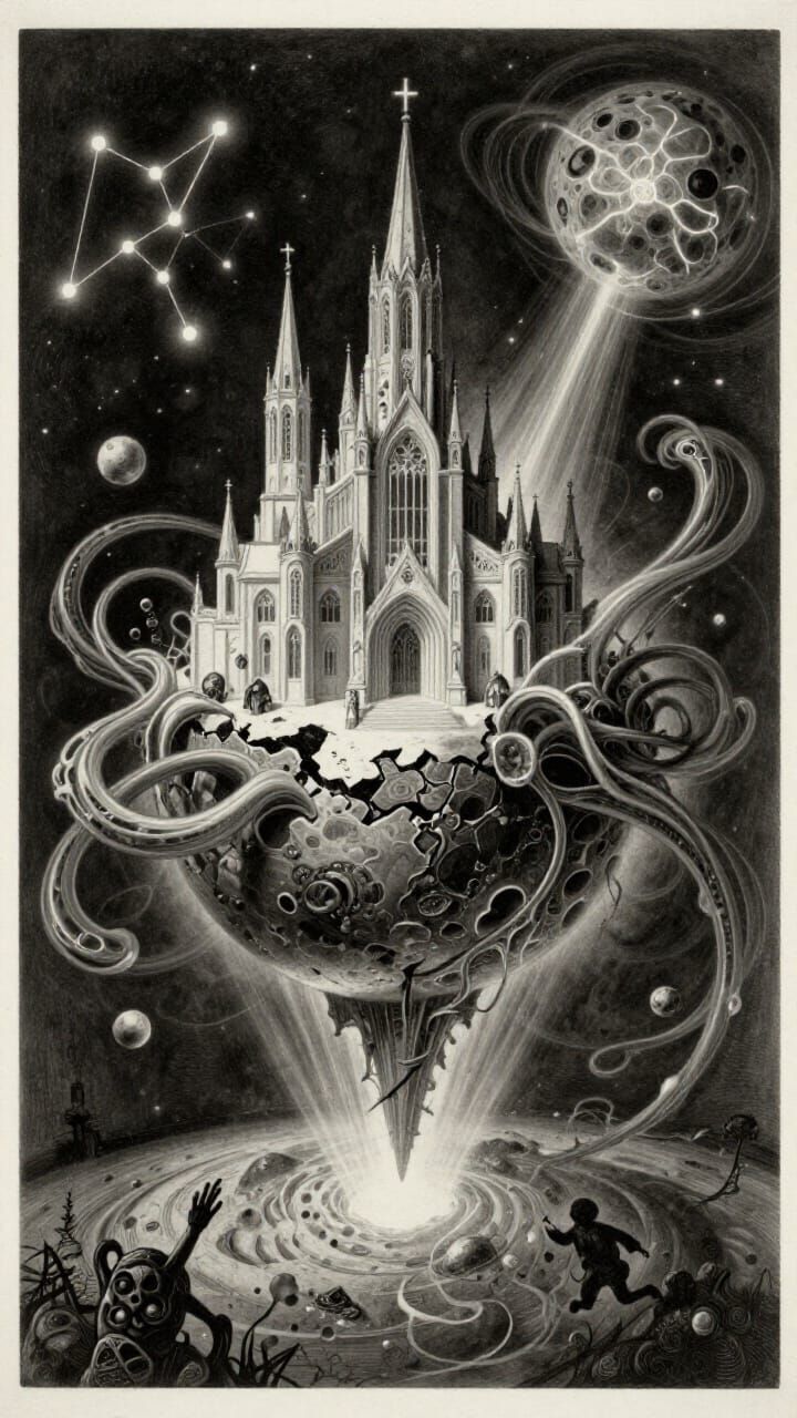 Surreal Biomechanical Cathedral in Cosmic Void