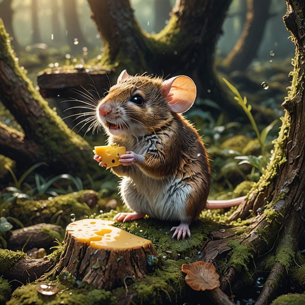 Cute Mouse Eats Cheese: Hyper-Realistic Digital Art