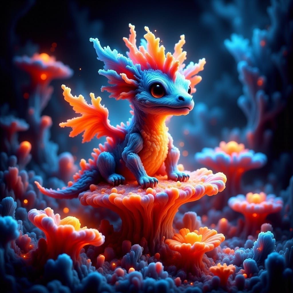 Chibi Rainbow Dragon on Bioluminescent Mushroom