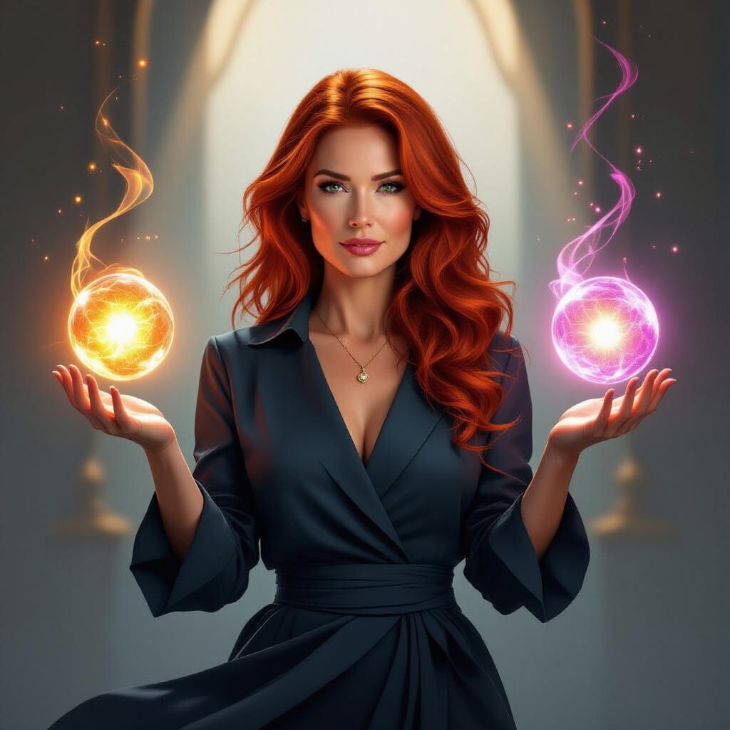 Red-Haired Woman Transforms Elements into Life