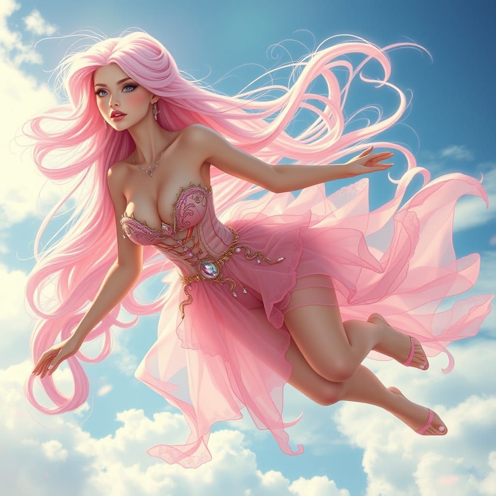 Majestic Pink Princess Soars Through Vibrant Fantasy Sky