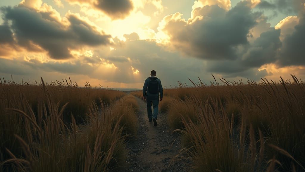 Traveller in Untamed Grass: Cinematic Drone Shot