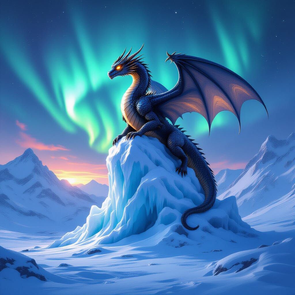 Majestic Dragon on Ice Sculpture Under Aurora