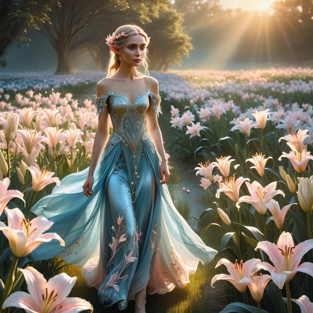 Elf Girl in Lilies: Fantasy Digital Matte Painting