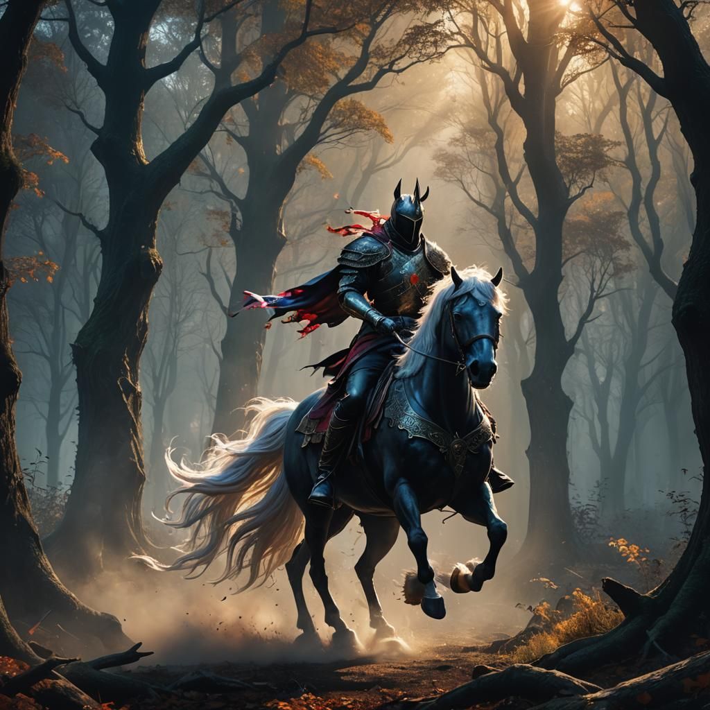 Headless Horseman on Unicorn in Mystical Forest