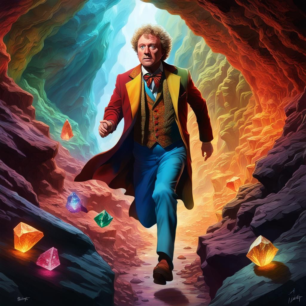 The Sixth Doctor Runs Through Mystical Cave