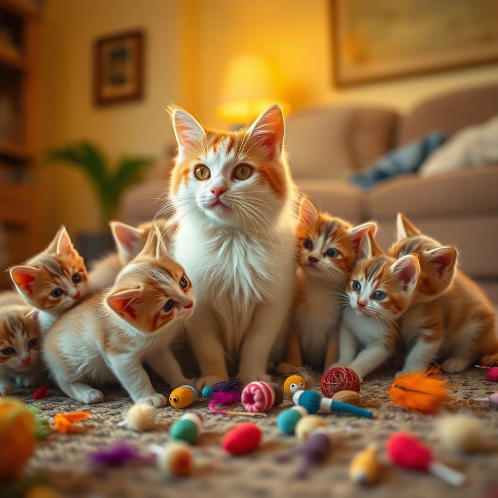 Cat and Kittens Play in Cozy Living Room