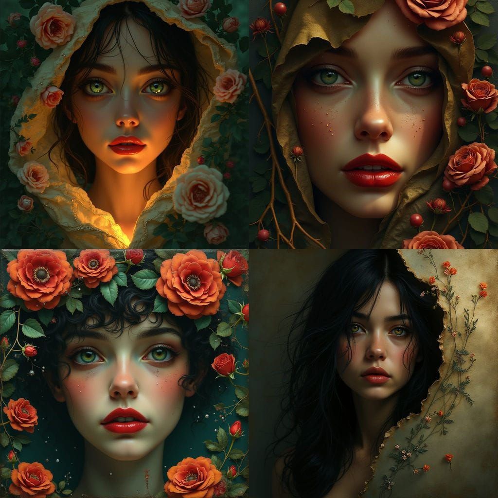 <lora:LouBrooks:1.0>  Gótico surrealista. Cámara lenta. Una mujer enigmática emerge detrás de una hoja de pergamino quem...