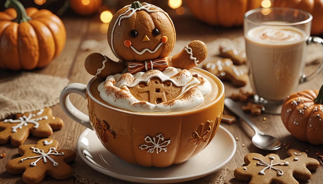 Pumpkin Spice Latte with Gingerbread Man Cookie 3D Render