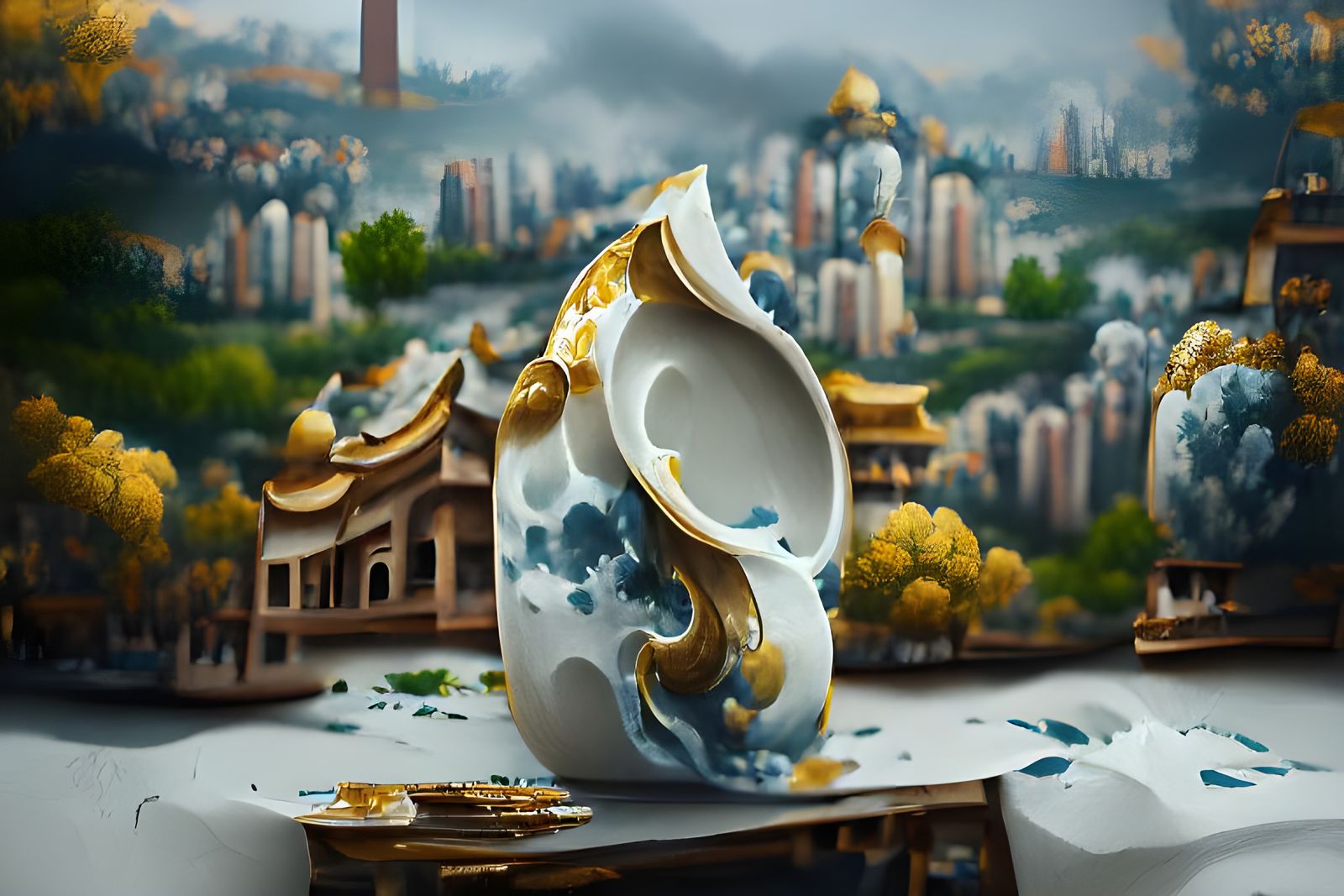 Gilded Chinese Porcelain Architecture in Matte Style