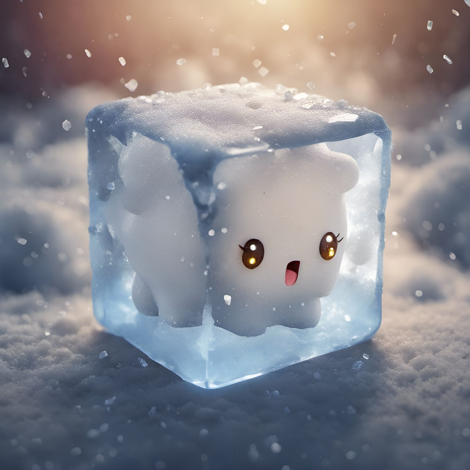 Cute Ice Cube Character in Snowy Freezer