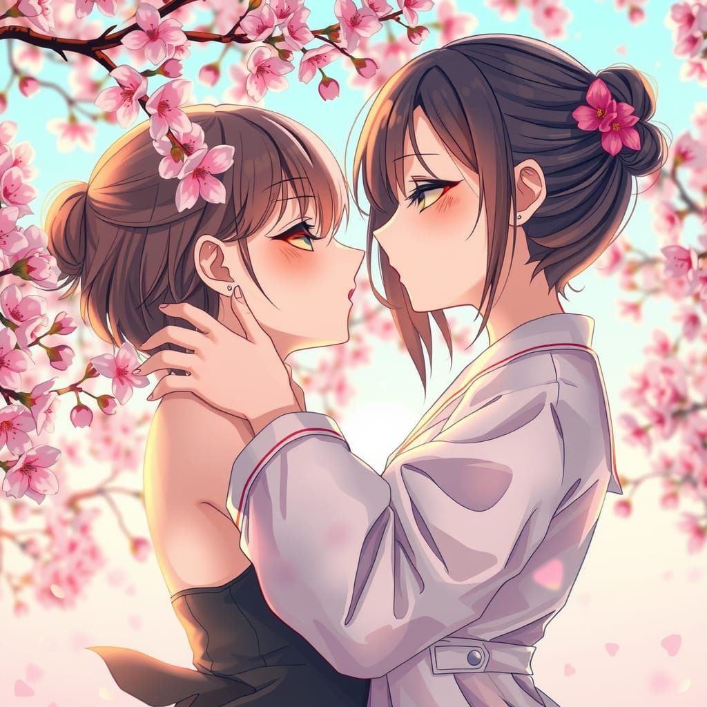 Anime Girls Kissing in Cherry Blossom Garden