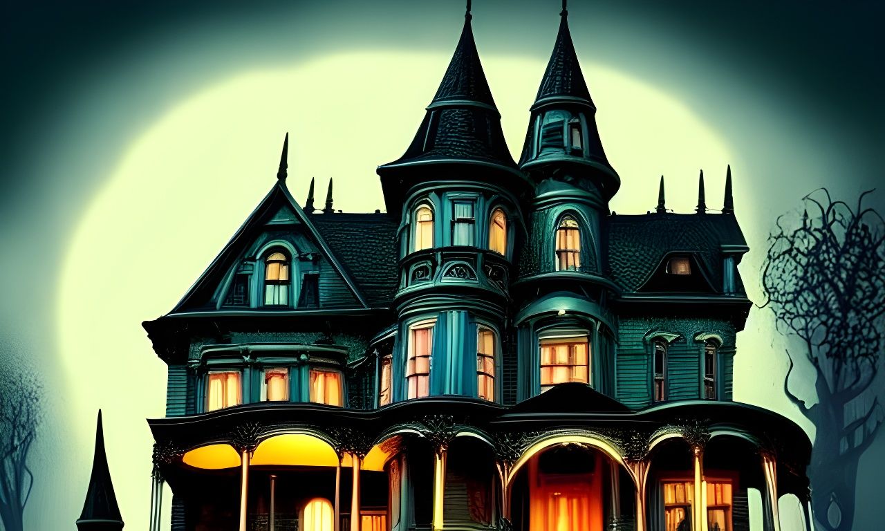 Eerie Victorian Haunted House with Biopunk Neon Lights