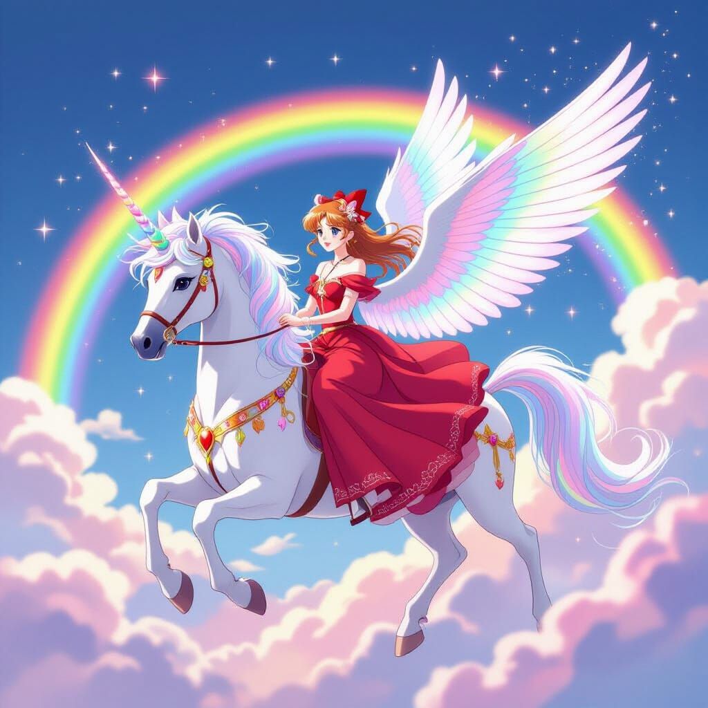 Sakura Kinomoto Rides Unicorn Through Rainbow in Anime Style