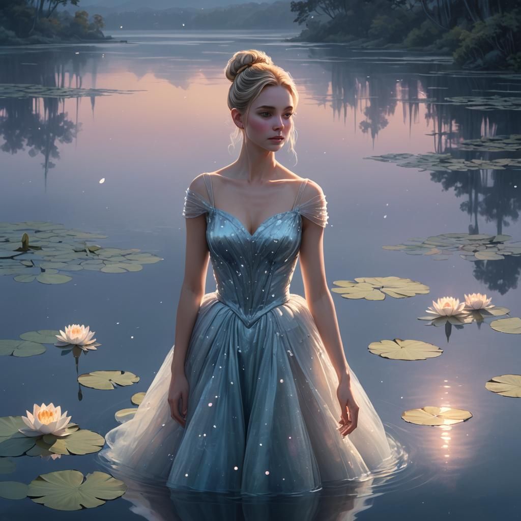 Girl in Blue Gown at Misty Lake