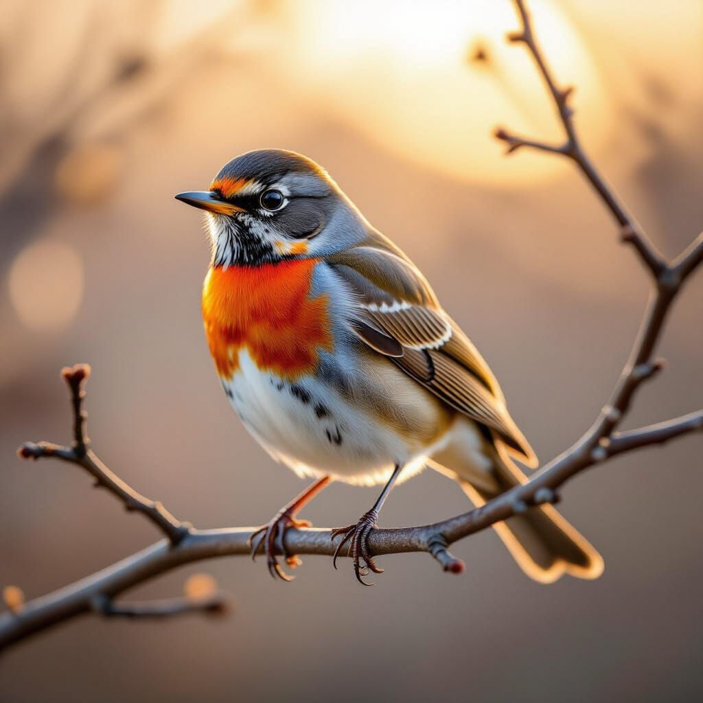 Realistic Robin with Bright Red Feathers on Branch