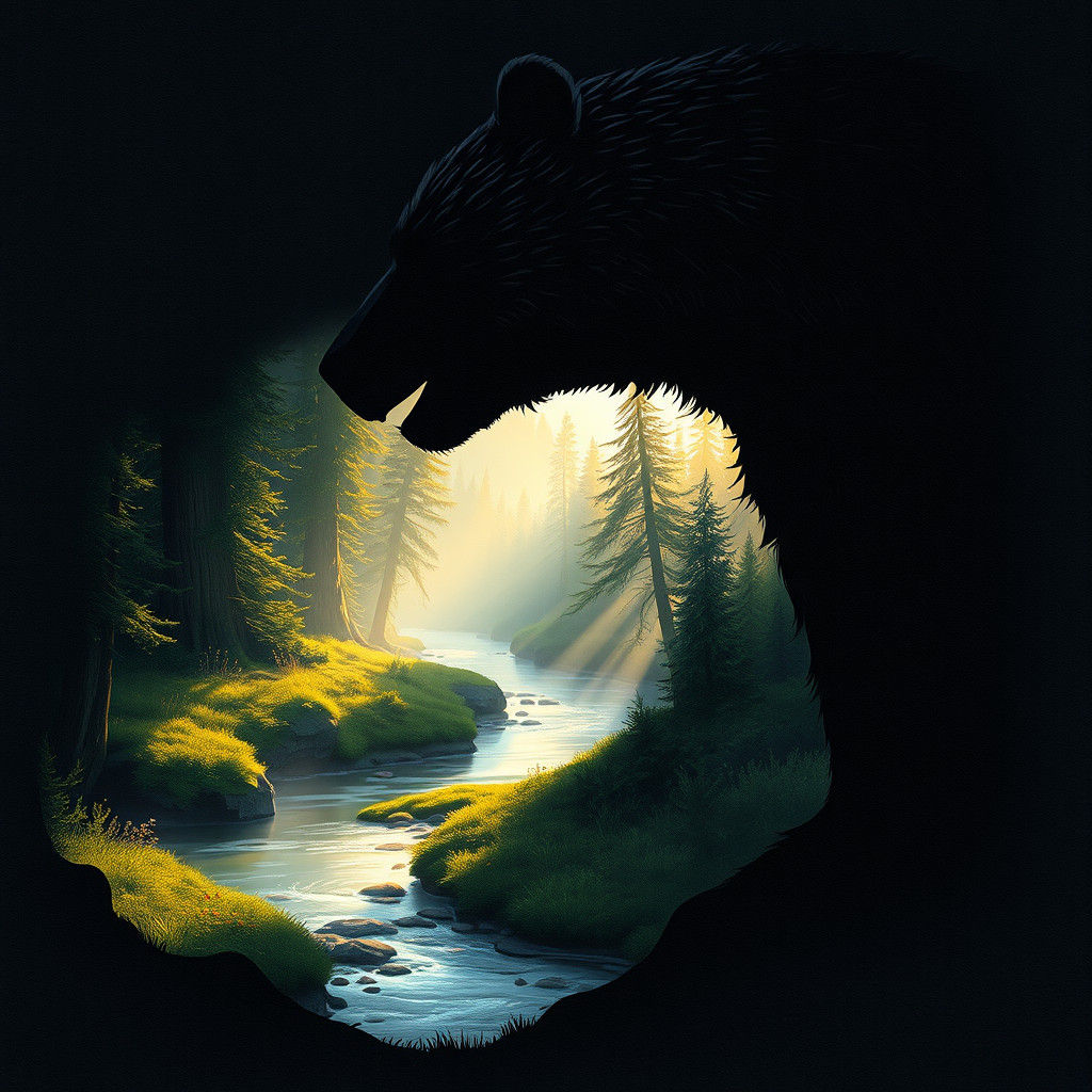 Bear Silhouette Frames Forest River: Atmospheric Digital Art