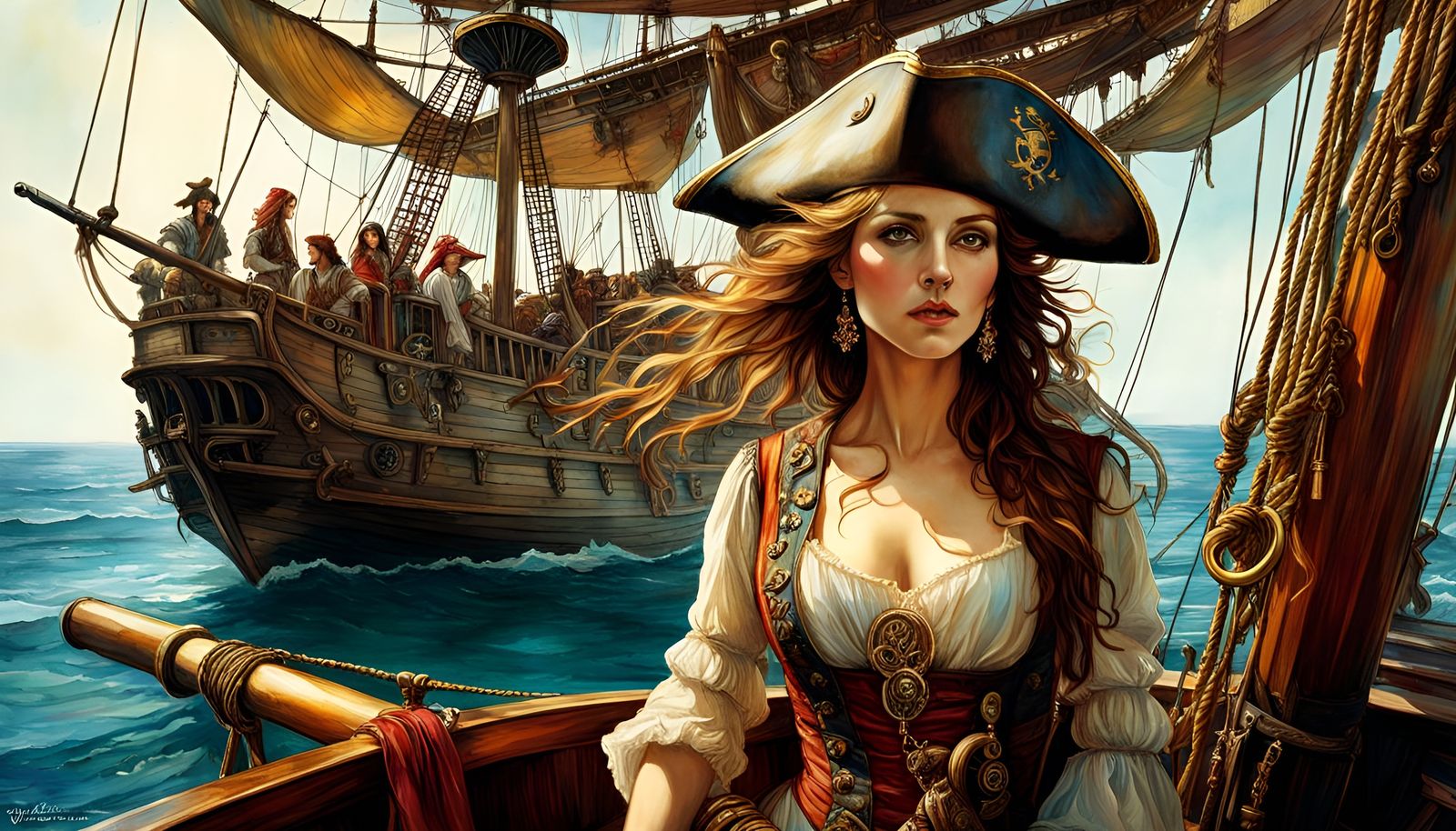 Lady Pirate on Ship, Loose Watercolor Style