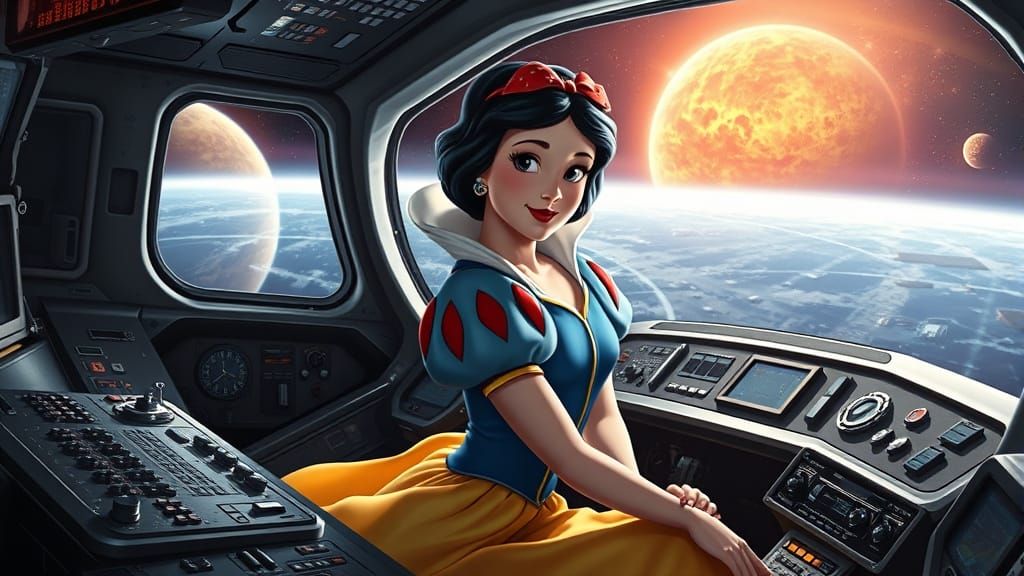 Galactic Snow White in Futuristic Space Shuttle