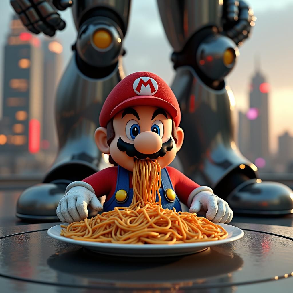 Mario's Infinite Spaghetti Feast: Hyper-Realistic Sci-Fi Sce...
